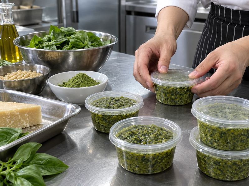 Fresh matcha pesto portioned into foodservice containers for a pack trial