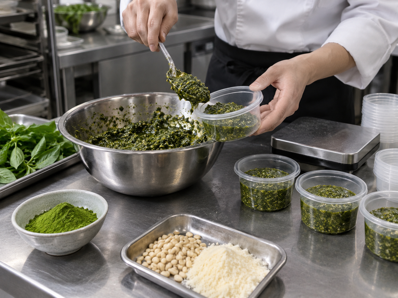 Matcha and pesto ingredients measured for foodservice batch costing