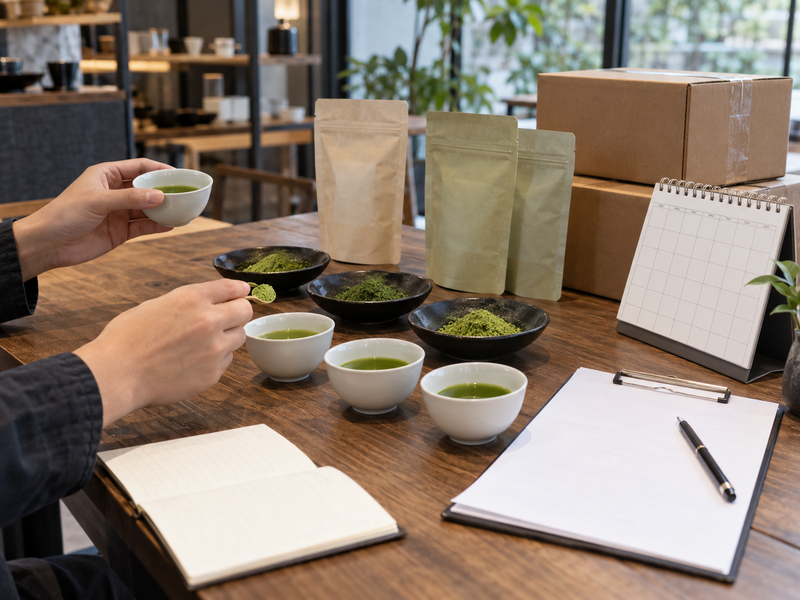 Product developers comparing coded matcha lots in identical latte samples during new crop approval
