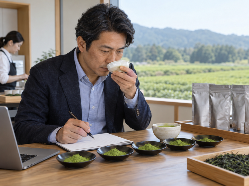 Wholesale buyer and supplier reviewing matcha allocation schedule, sample lots and monthly call-offs