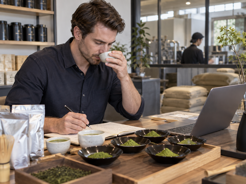 Planning team comparing alternative approved matcha lots and demand scenarios on a procurement board
