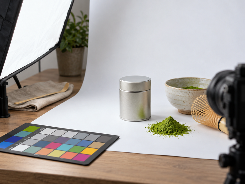 A matcha tin and pouch shot list arranged with front, back, and open views