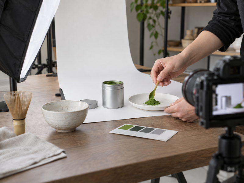 Studio lighting setup showing controlled reflection on a matcha tin and pouch