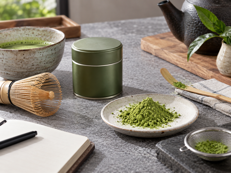 A prepared matcha cup beside a documented recipe card and powder dose