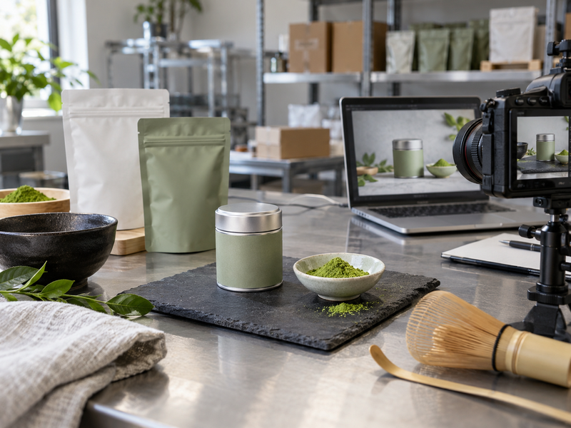 Four channel crops of the same matcha pouch checked against listing rules