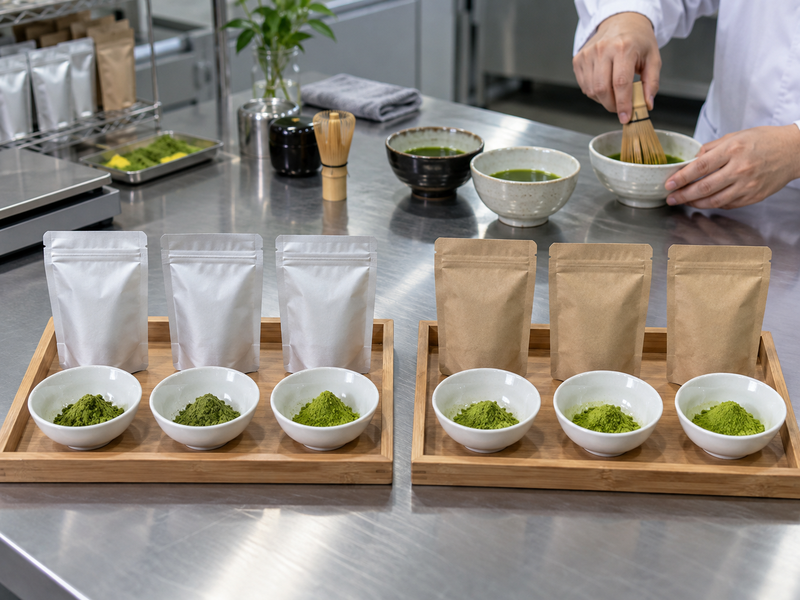 Country-source matcha sample packs arranged by a buyer product brief