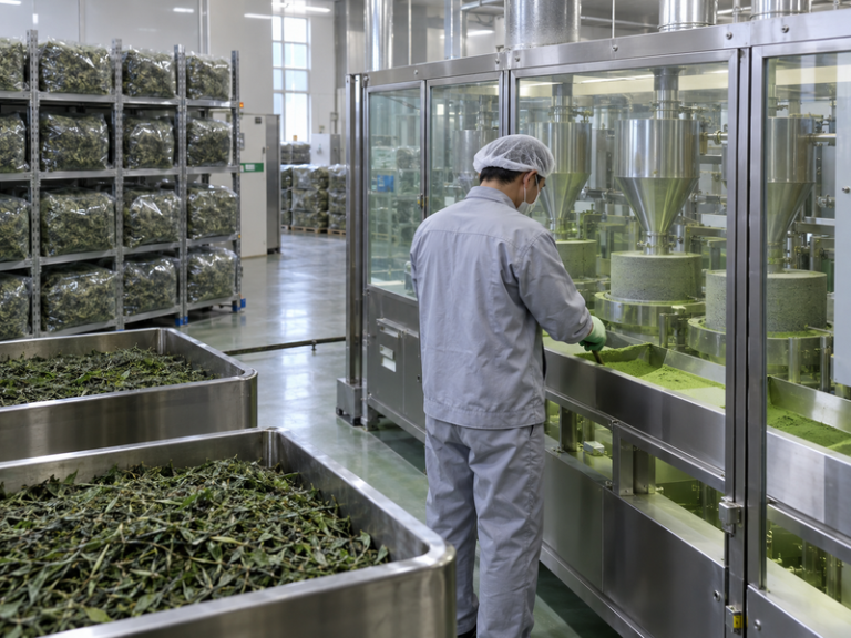 Tea processing equipment in a Chinese matcha production facility