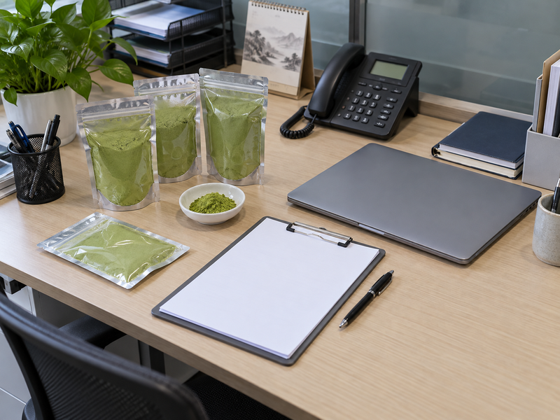 Chinese matcha supply chain documents with named seller and production site