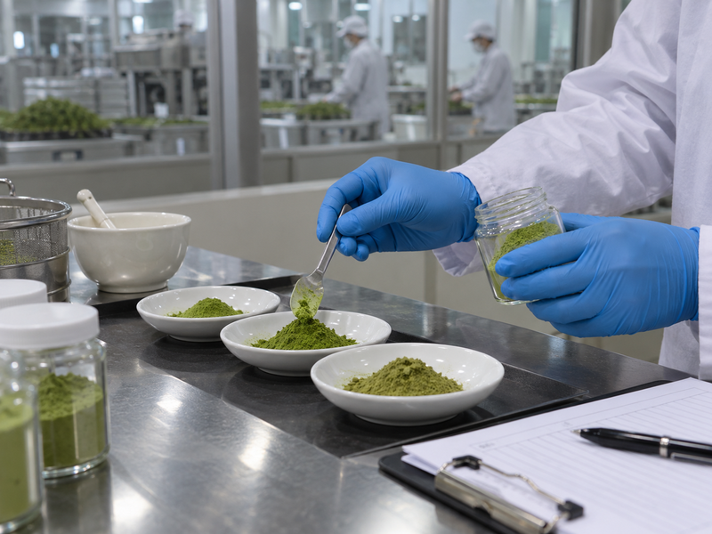 Lot-coded matcha cartons under a documented warehouse quality hold