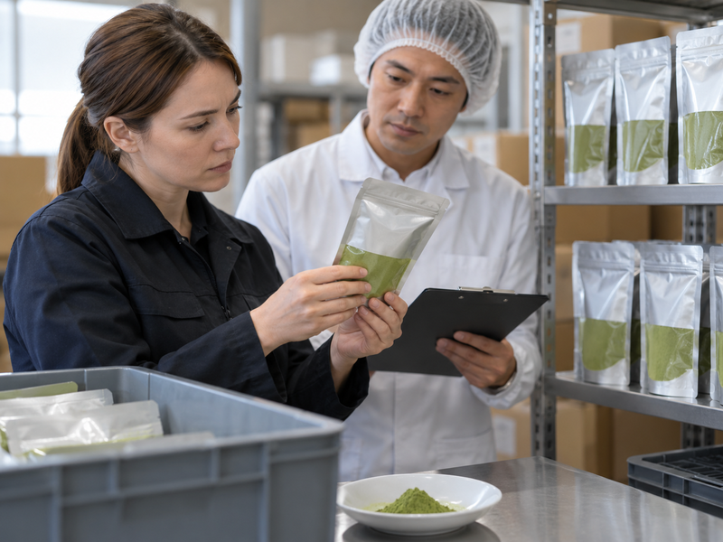 Quality analyst comparing matcha color and texture with an approved reference sample