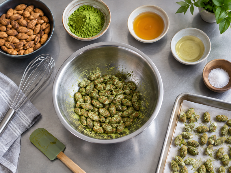 Matcha roasted almonds evaluated by the handful
