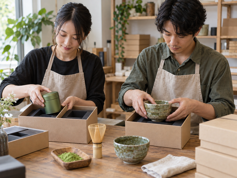 Matcha Set Quality Guide: Retail team placing a sealed matcha tin and a ceramic bowl into fitted protective gift-box inserts, unbranded packaging