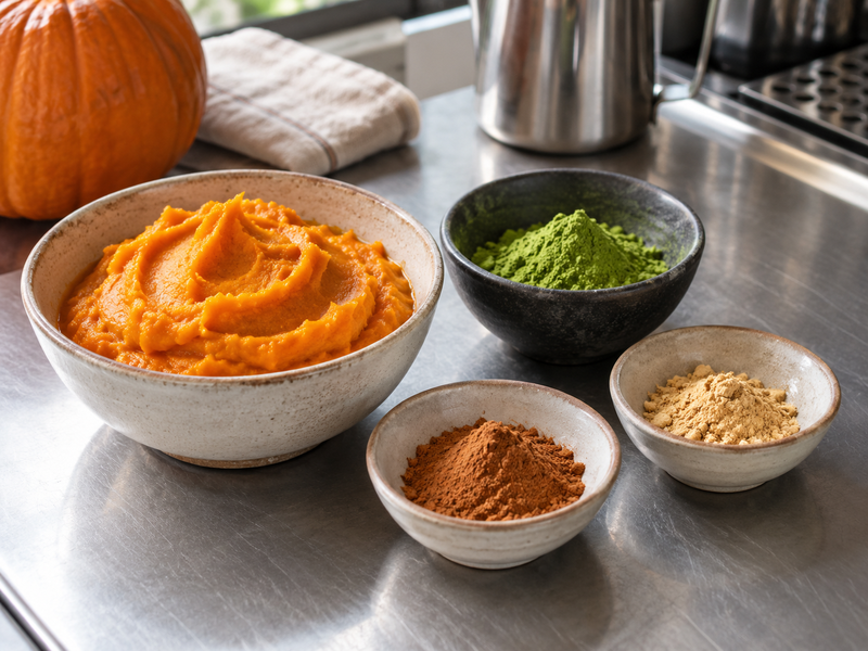 Pumpkin, spices and matcha powder arranged separately for a cafe trial