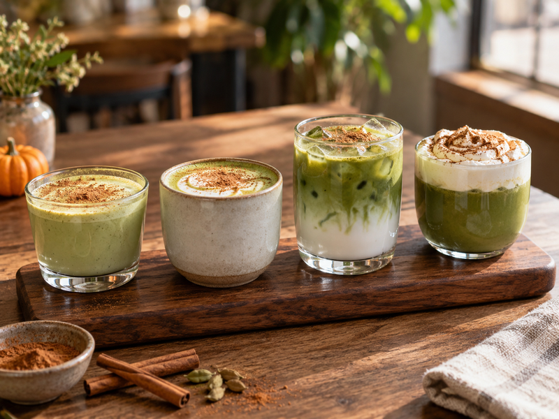 Seasonal cafe tasting flight of pumpkin spice matcha variations