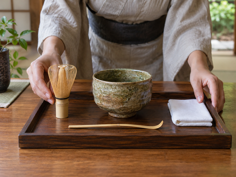 Ceremonial Matcha Set: Hands laying out traditional matcha ceremony tools on a tray, bamboo whisk, tea scoop, ceramic bowl and folded cloth in orderly positions