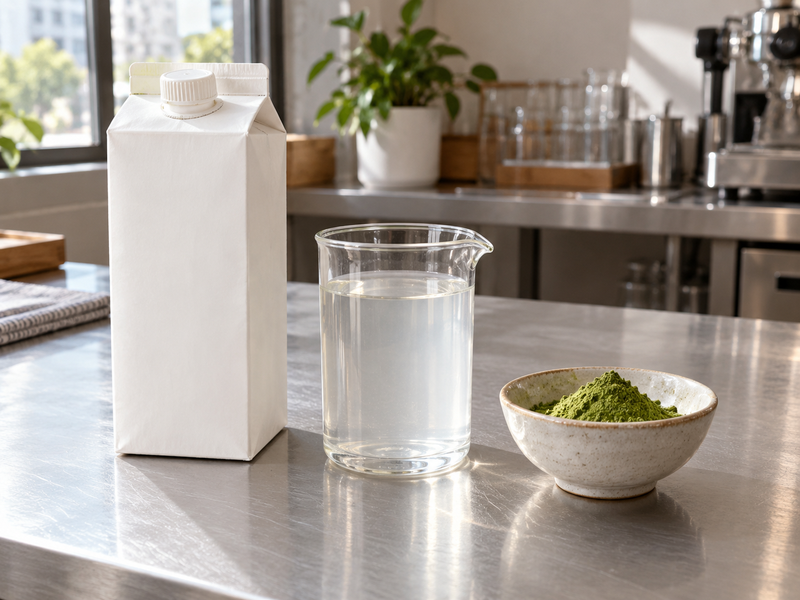 Unbranded coconut water and matcha prepared for a beverage trial
