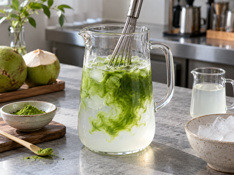 Matcha concentrate whisked before it meets coconut water