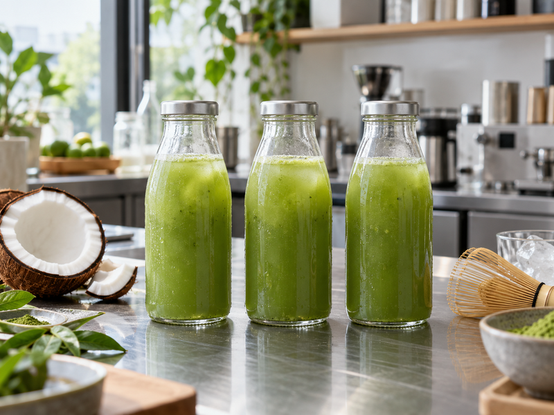 Clear sample bottles reveal how matcha settles after chilling