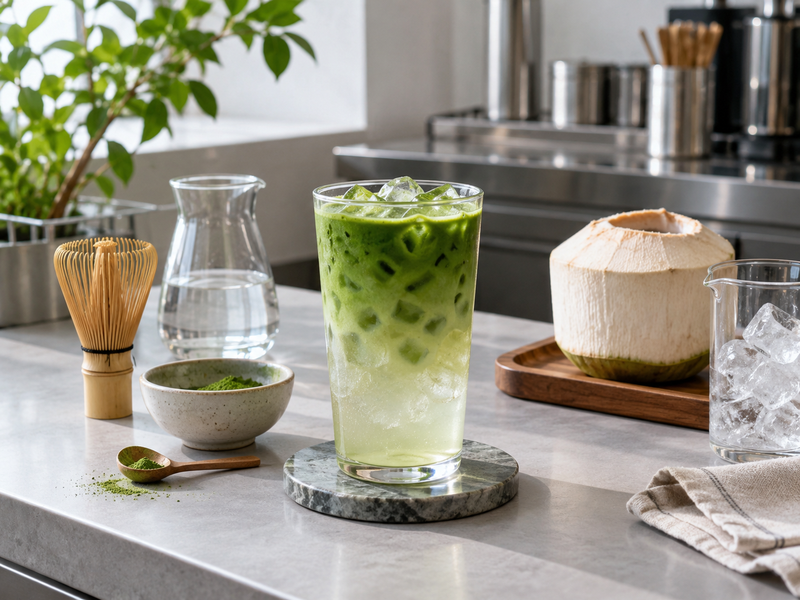 Iced coconut water matcha built with measured cafe tools