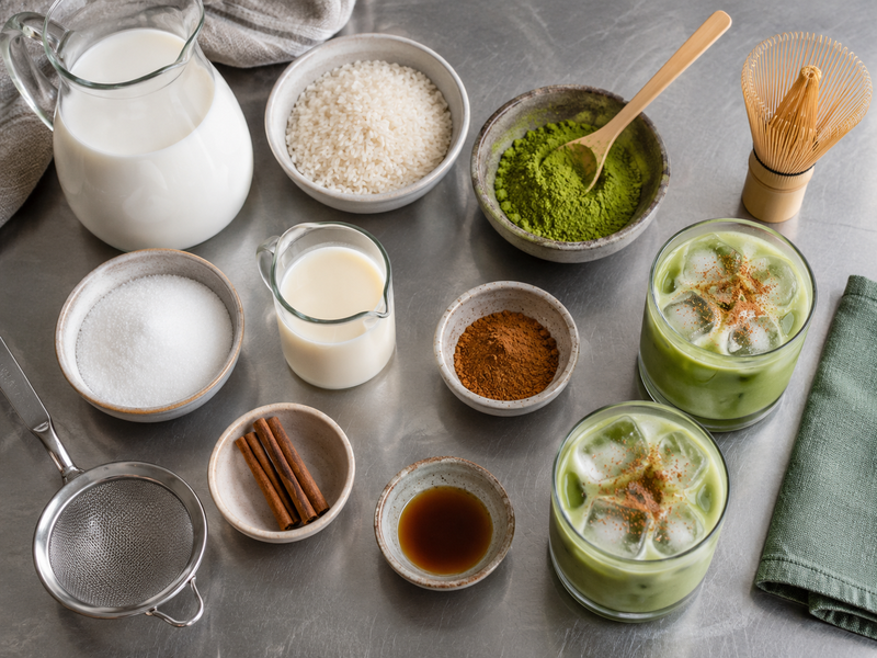 Iced matcha horchata with rice-cinnamon and tea layers