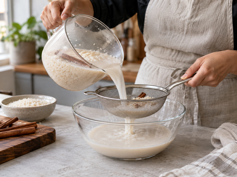 Rice and cinnamon horchata base being strained