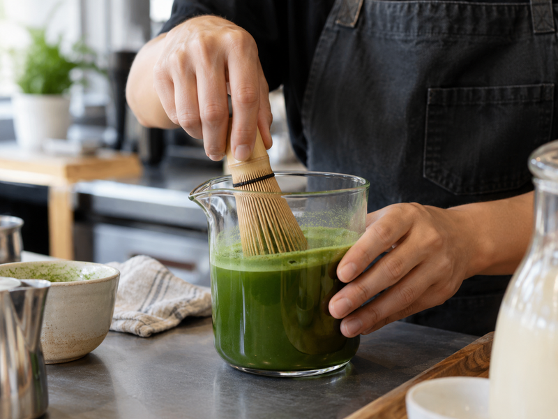 Matcha concentrate prepared for horchata service