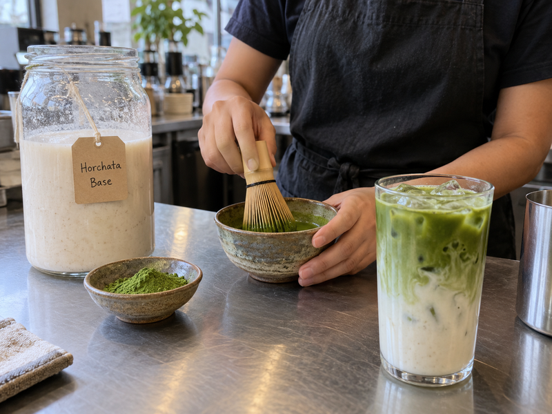 Labeled horchata base and matcha prep at a cafe station
