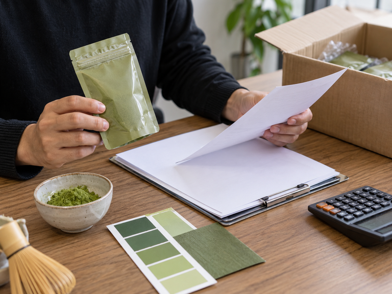 Matcha retail tins, cases and bulk bags with quantity reconciliation notes