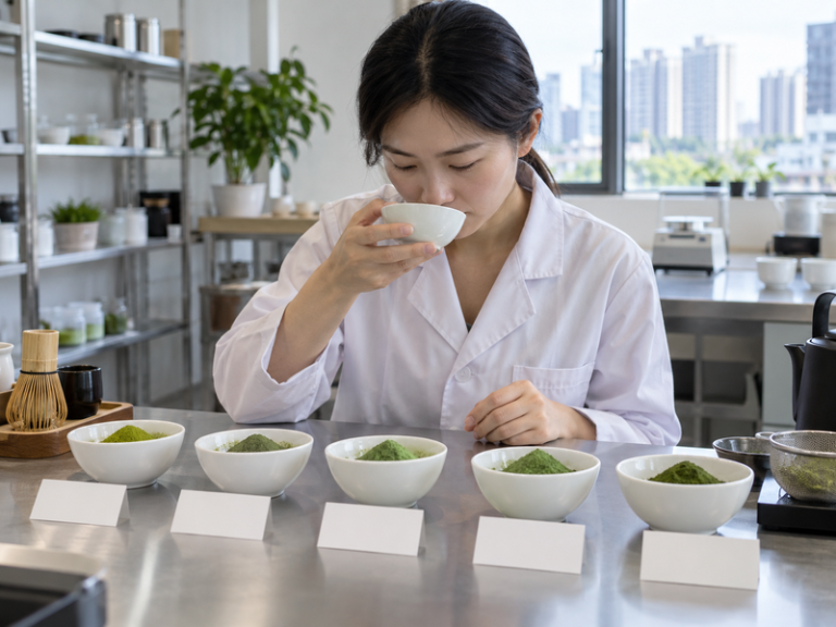 Quality technician comparing Japanese matcha powder samples