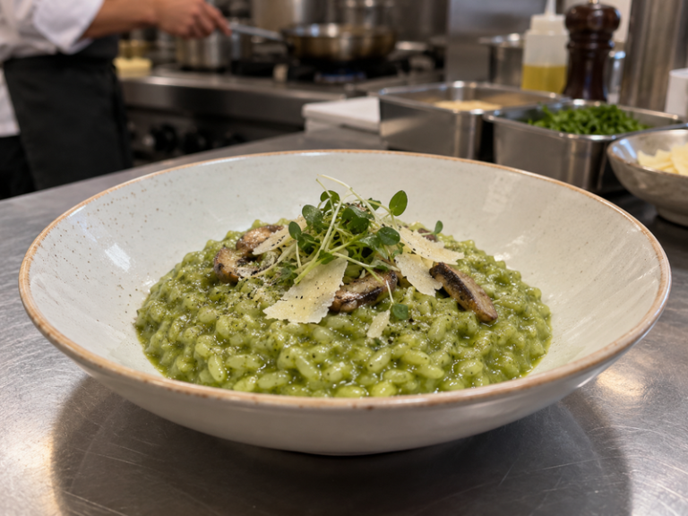 Finished matcha risotto in a wide bowl at a Mainland Chinese restaurant pass