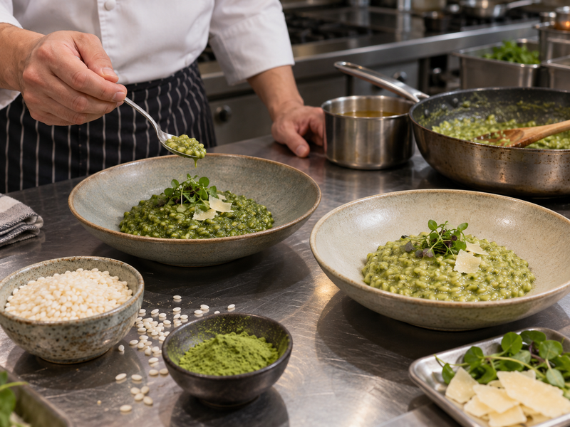 Two matcha risotto menu trials on a Mainland Chinese restaurant pass