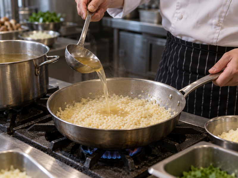 Chef adding warm stock to risotto rice in a shallow pan