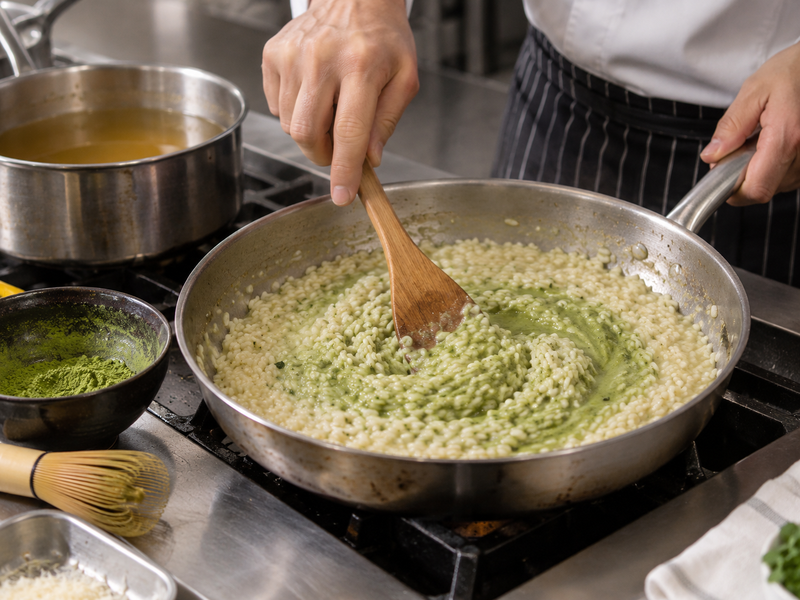 Chef checking the gentle flow of finished matcha risotto