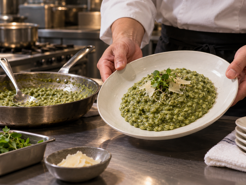 Matcha risotto portion inspected on a restaurant service pass