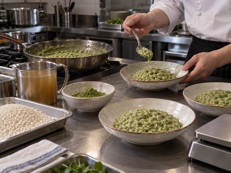 Risotto rice, matcha and finished portions checked for cost and yield