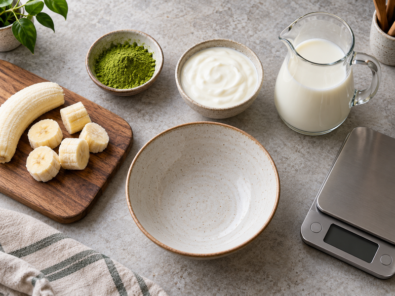 Two matcha smoothie bowls showing spoonable texture and measured toppings