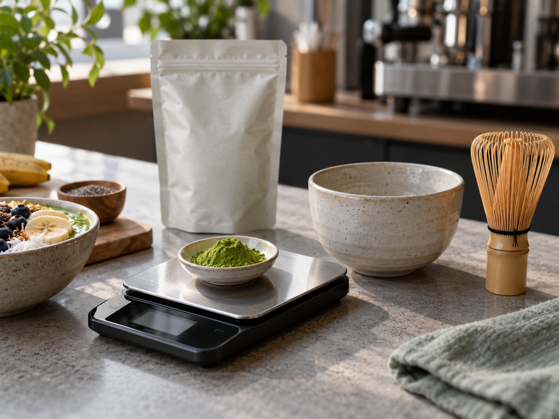 Measured matcha portions beside three coded smoothie bowl test batches