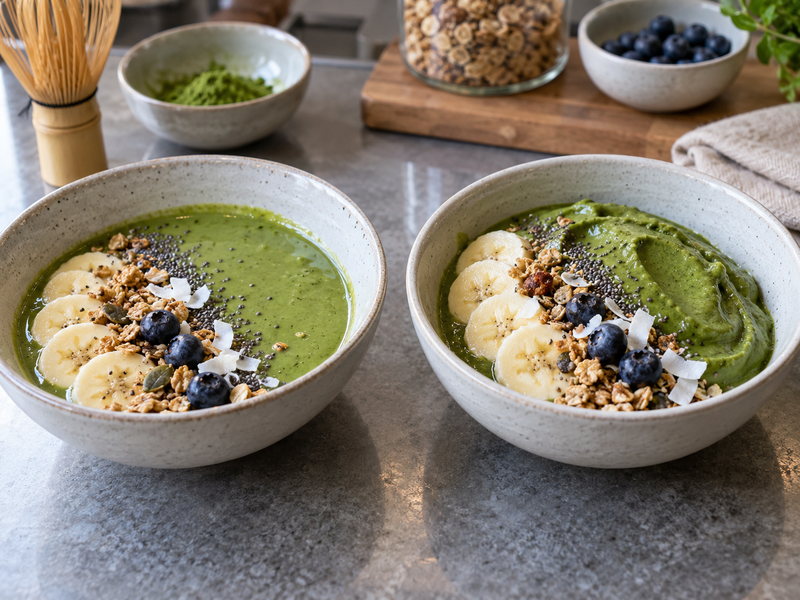 Cafe worker portioning berries and granola onto a freshly blended matcha bowl