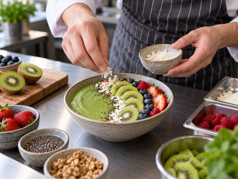 Barista assembling a matcha smoothie bowl along an organized service line