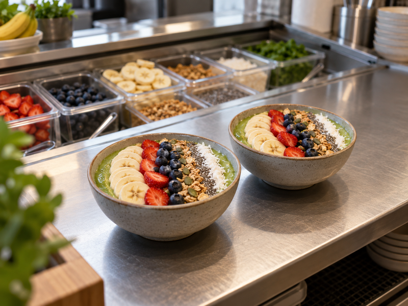 Cafe team reviewing smoothie bowl feedback cards and timed service notes