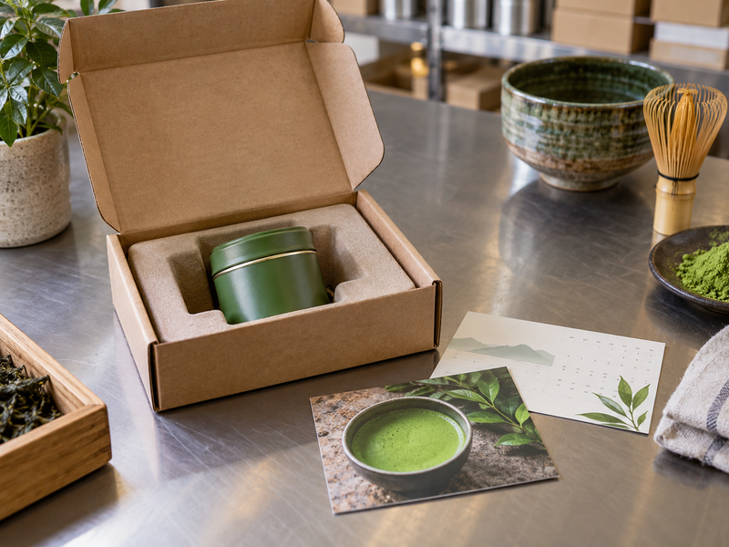 Several matcha pack sizes beside a simple cups-per-week planning card