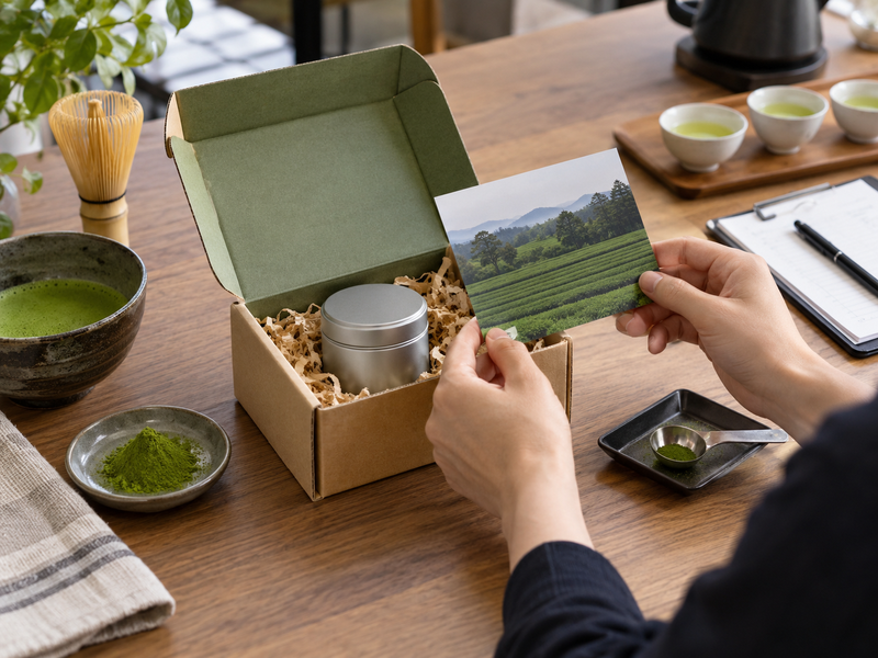 A subscription box cost sheet beside packed matcha tins and shipping carton