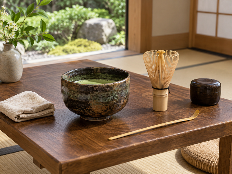Matcha Tea Tasting Kit Guide: A ceremonial matcha set arranged on a low wooden table with chawan, chasen and chashaku, focus on respectful tool placement