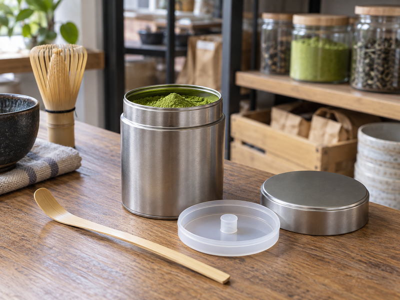 Matcha Tea Tasting Kit Guide: A close view of an airtight metal matcha tin with removable inner seal and clean dry scoop in a café storage area