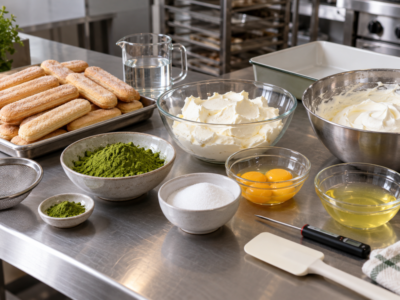Measured tiramisu ingredients on a professional pastry bench