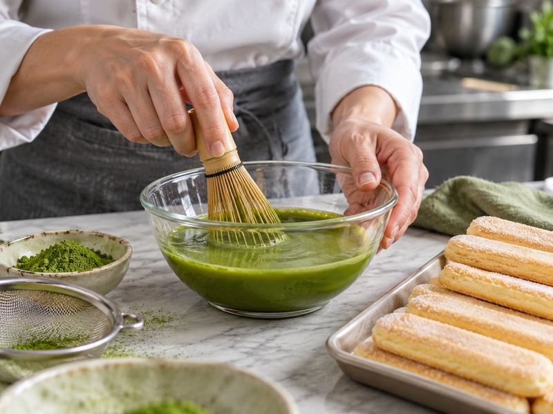 Whisked matcha soak beside dry ladyfingers