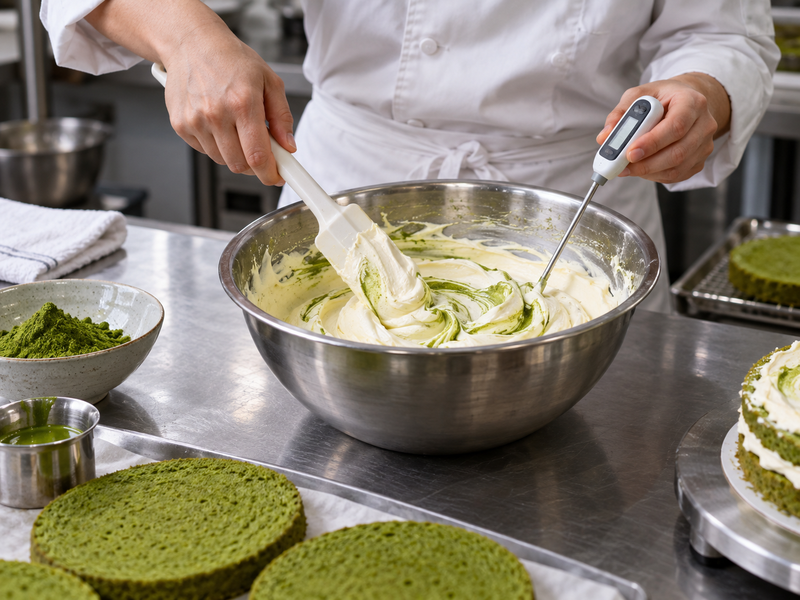 Pastry chef preparing mascarpone cream with a thermometer