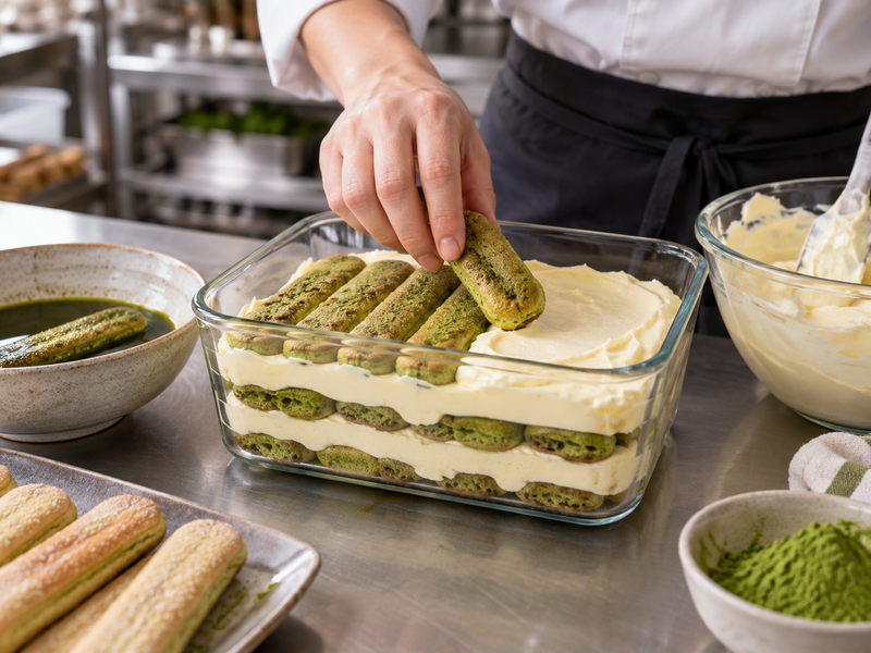Pastry chef layering matcha-soaked ladyfingers and cream