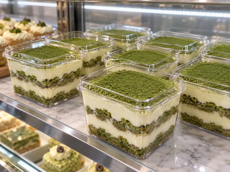 Portioned matcha tiramisu in a chilled bakery display