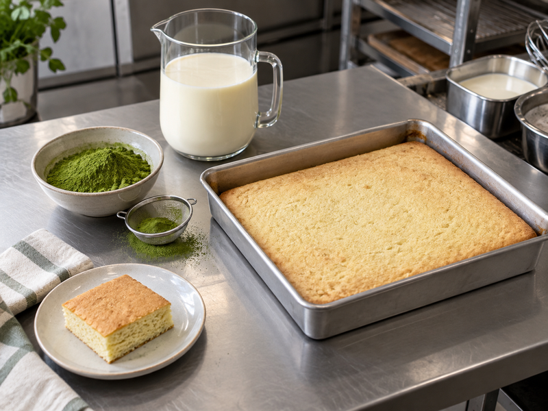 Matcha tres leches cake slice on a cafe plate